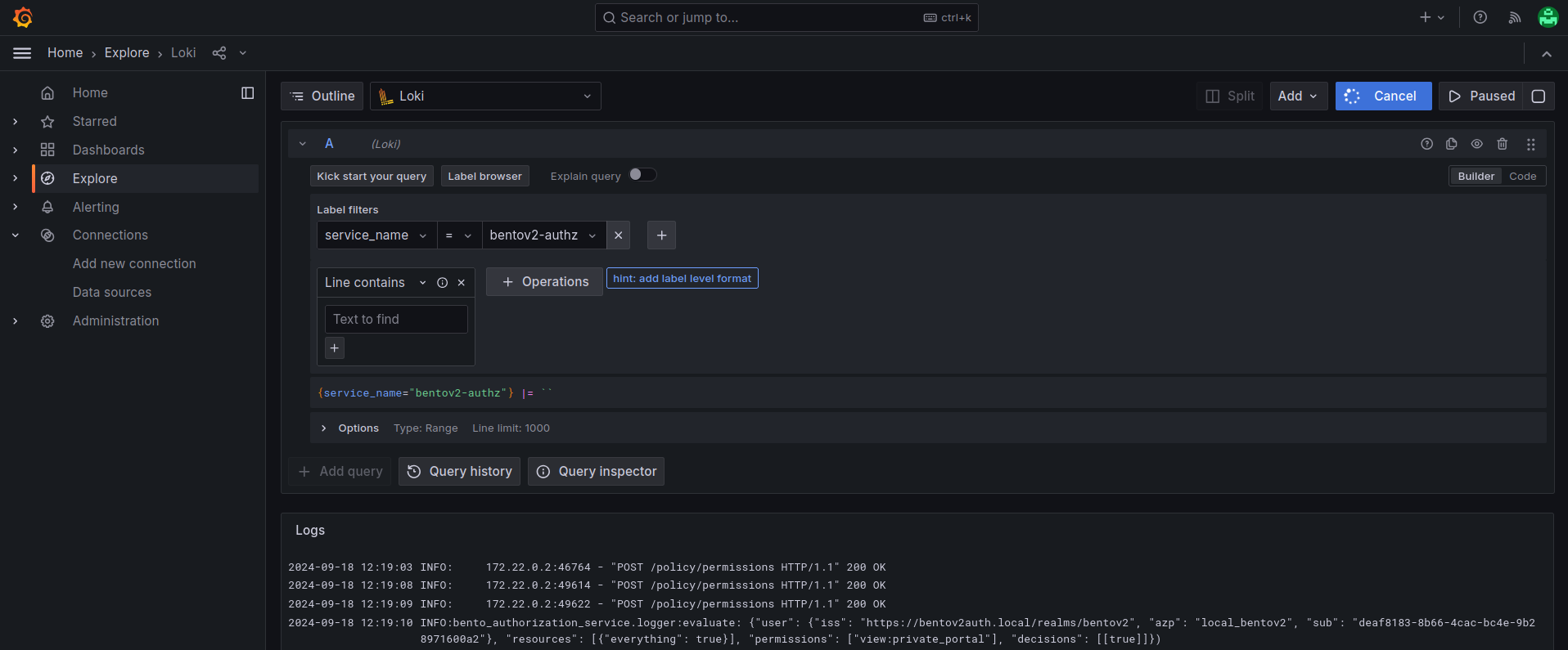 Grafana service logs querying
